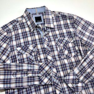 Men's 7 Diamonds dress shirt in blue and burgundy plaid, size L